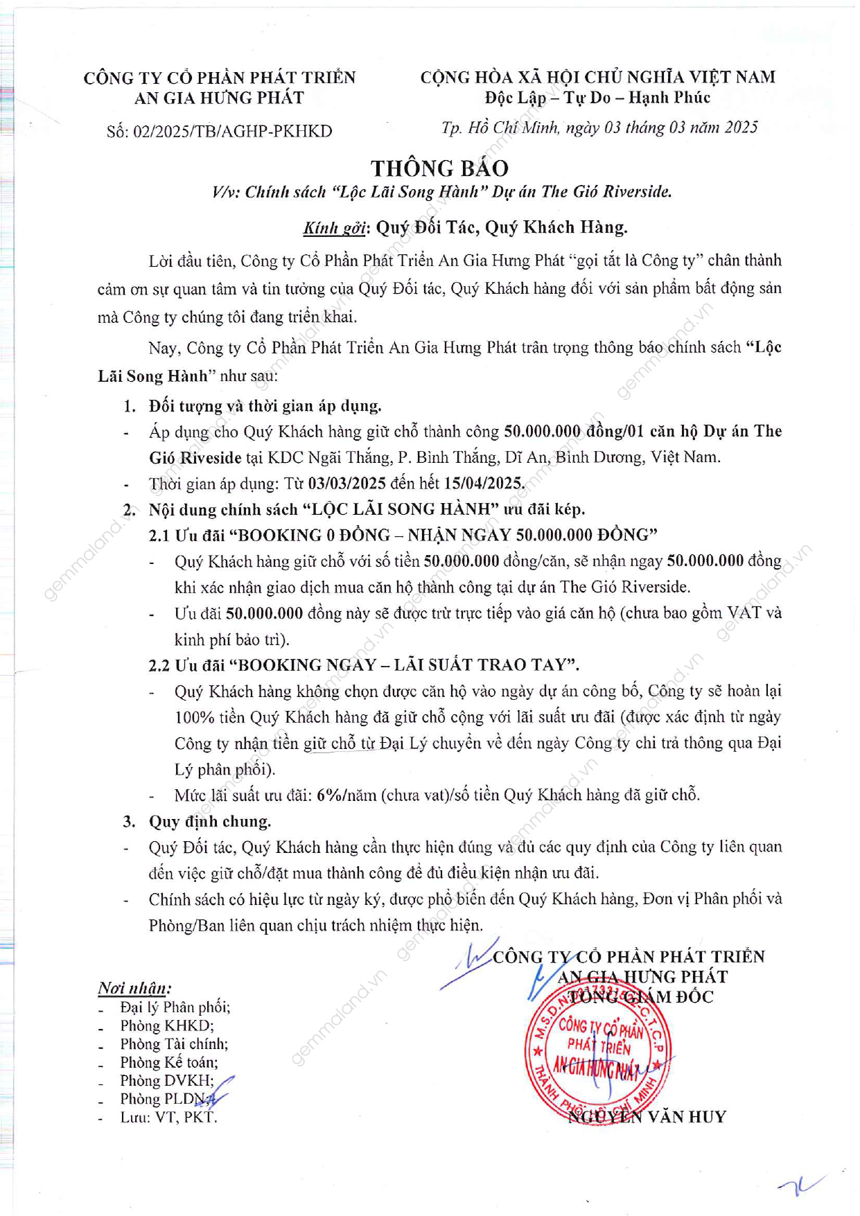 Chính sách lộc lãi song hành dự án The Gió Riverside