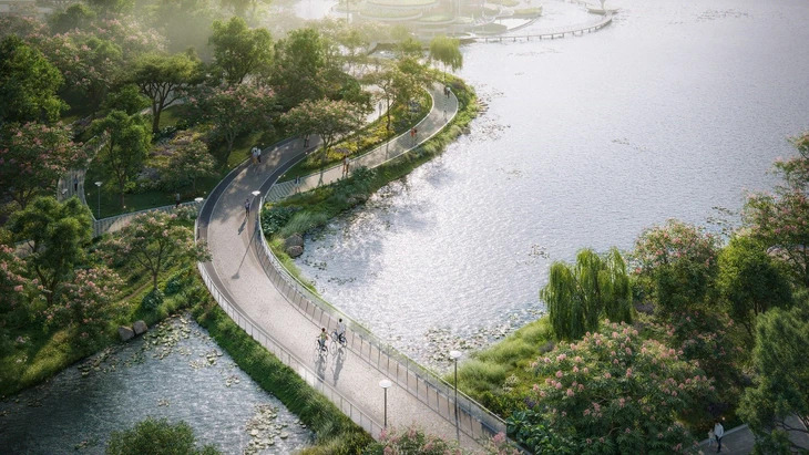 Hồ Thiên Nga Eco Retreat rộng 12 ha nhìn từ trên cao, với đảo nổi hình tròn giữa hồ và những căn biệt thự ven hồ