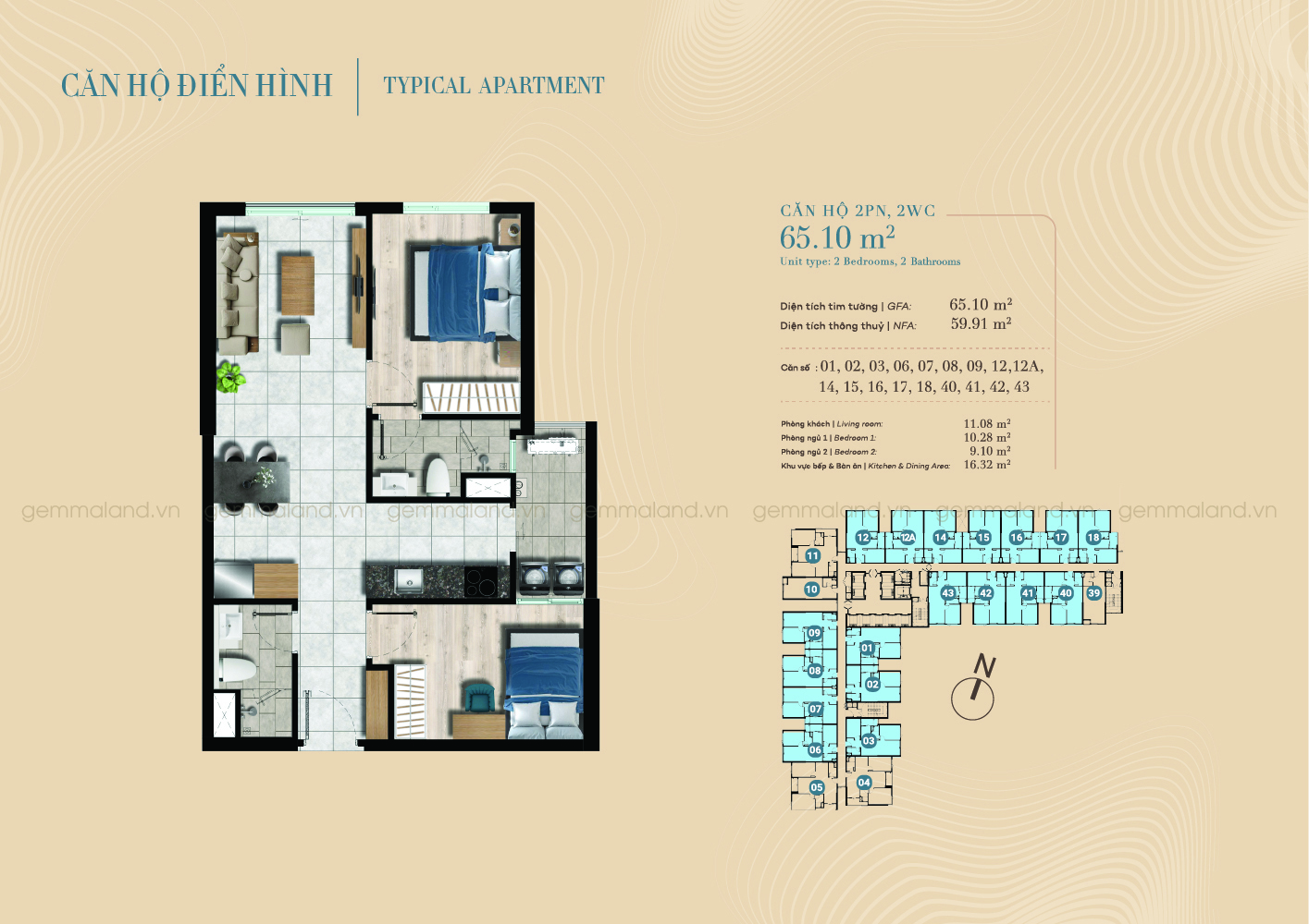 Mẫu căn 2 phòng ngủ - 2wc 65m2 tại dự án The Gió Riverside