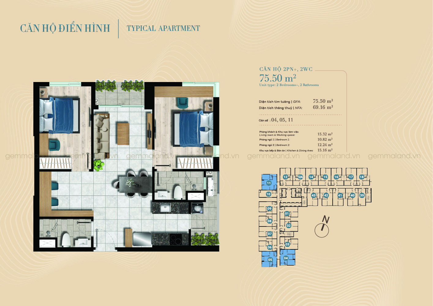 Mẫu căn 2 phòng ngủ - 2wc 75m2 tại dự án The Gió Riverside