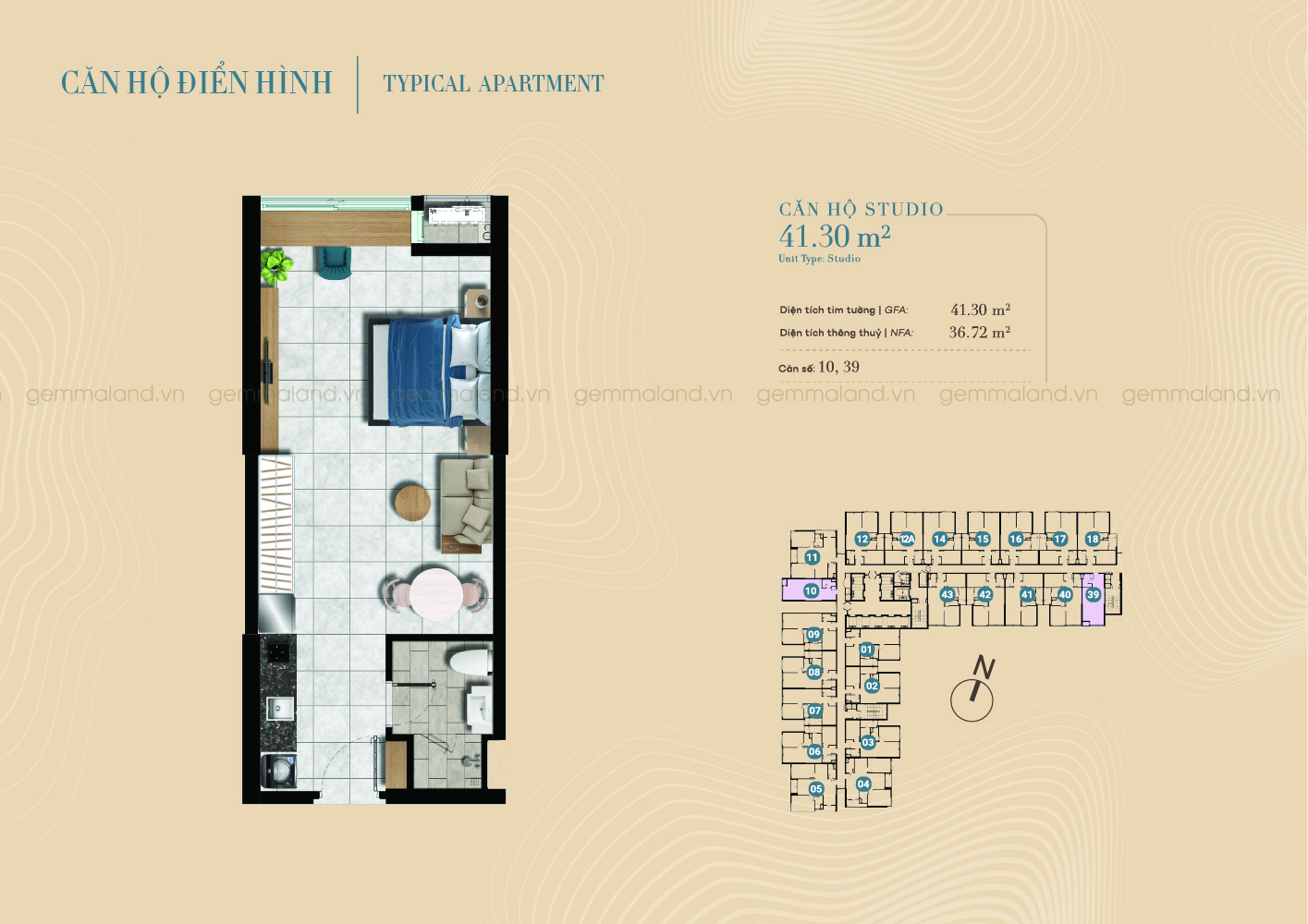 Mẫu căn studio 41m2 tại dự án The Gió Riverside