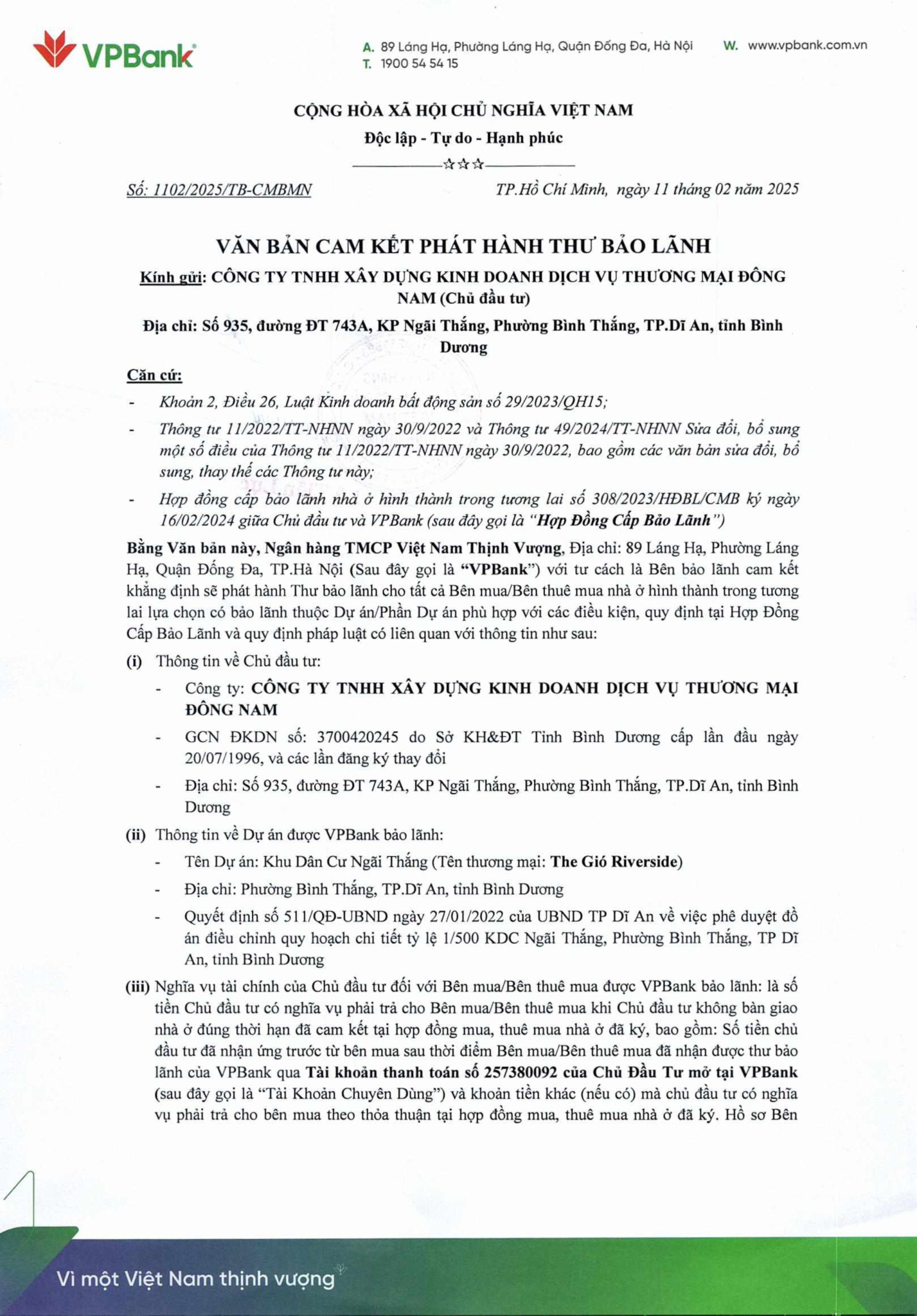 Văn bản cam kết phát hành thư bảo lãnh từ VP Bank