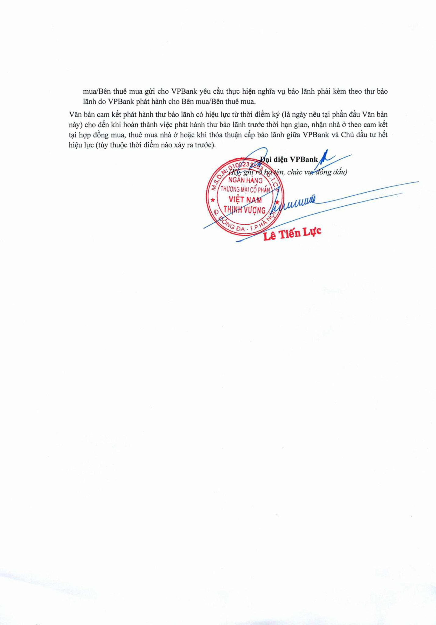 Văn bản cam kết phát hành thư bảo lãnh từ VP Bank