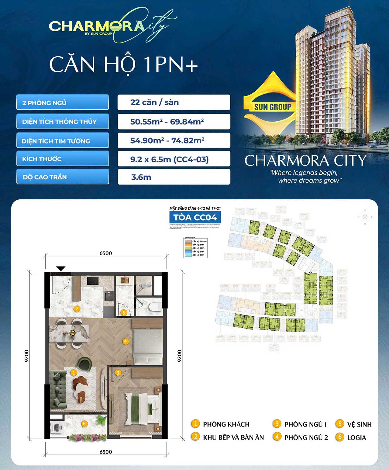 Layout Căn hộ 1 phòng ngủ Charmora City Nha Trang