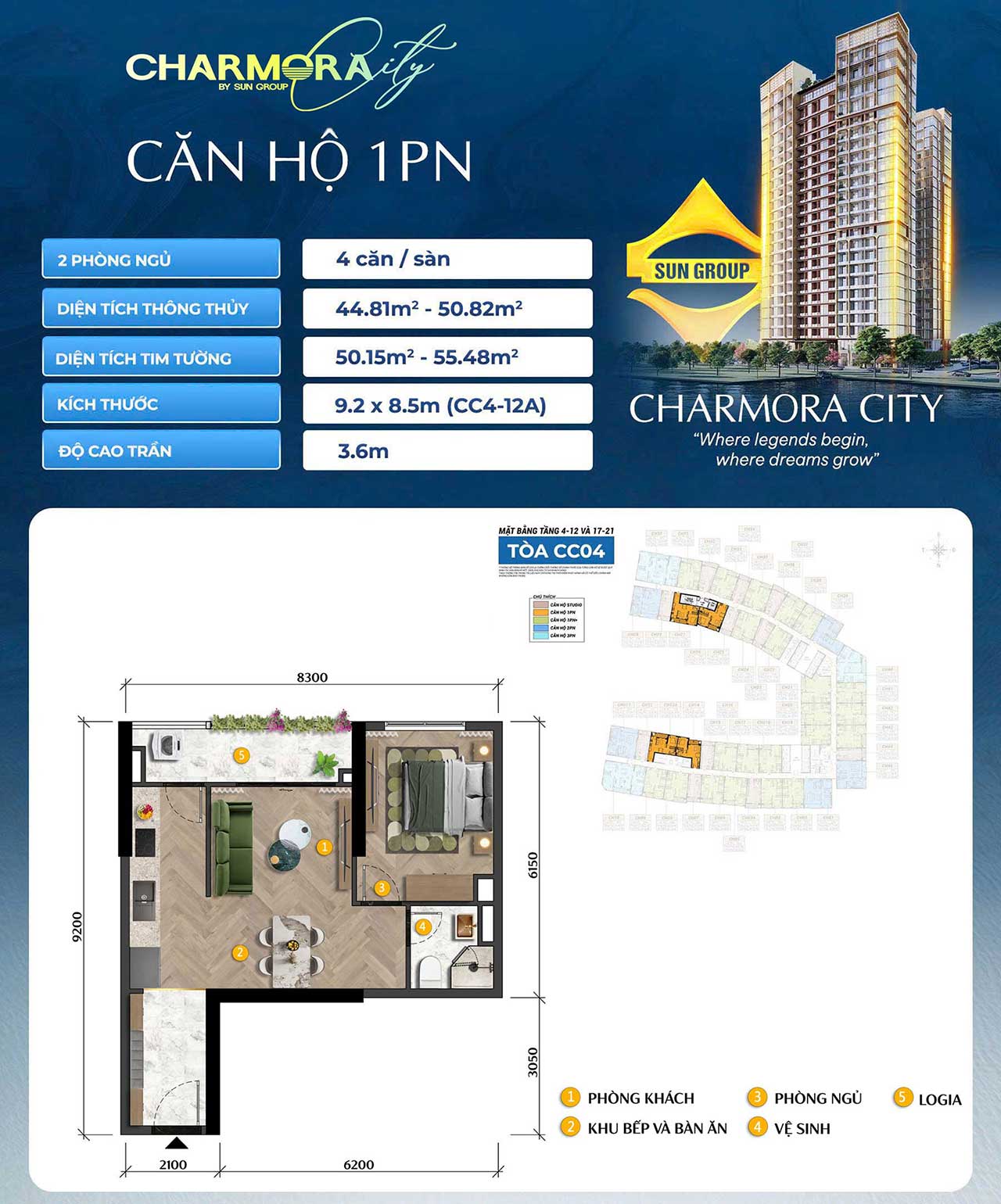 Layout Căn hộ 1 phòng ngủ Charmora City Nha Trang