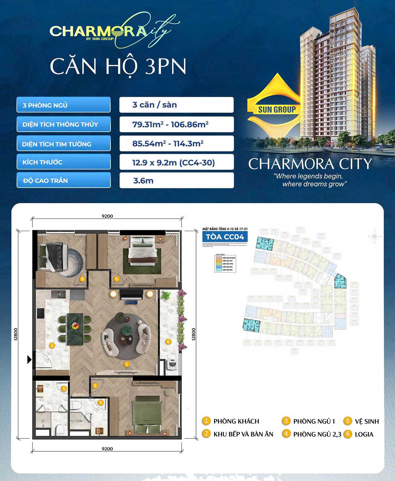 Layout Căn hộ 3 phòng ngủ Charmora City Nha Trang