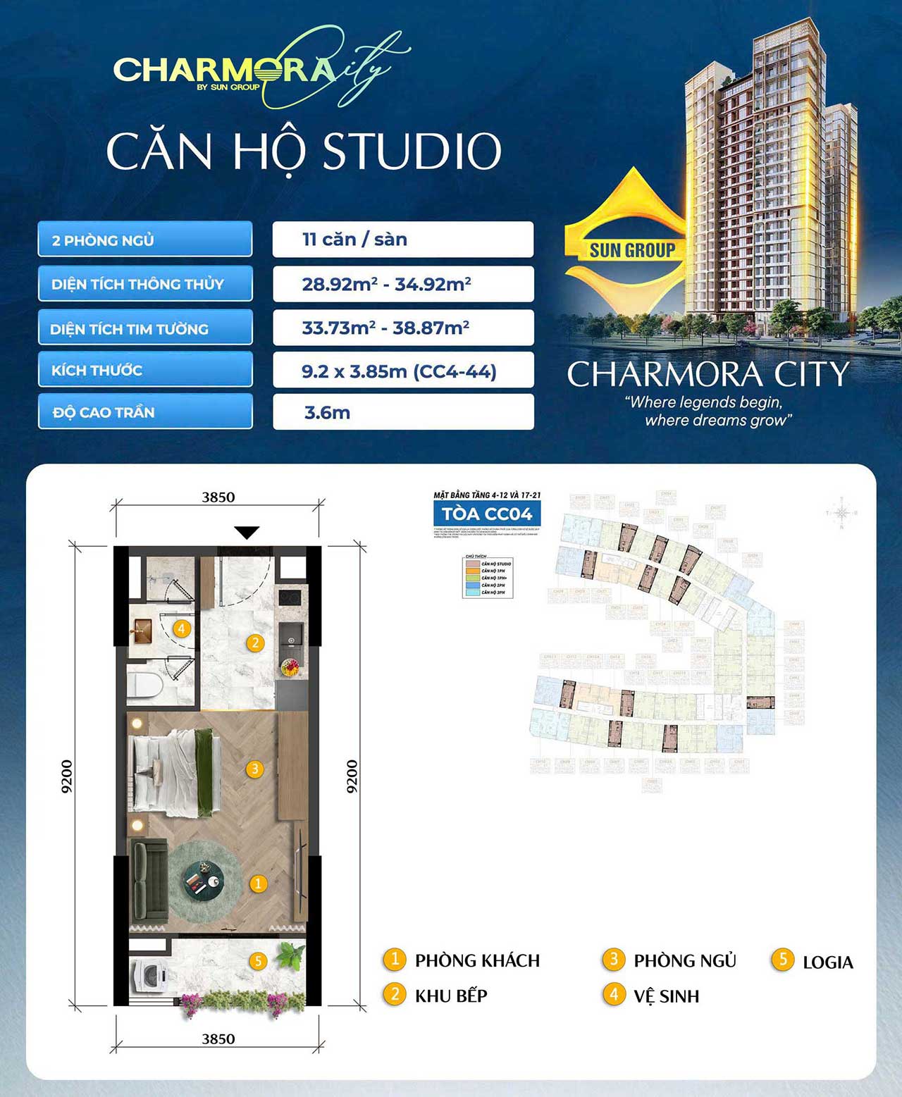 Layout Căn hộ Studio Charmora City Nha Trang